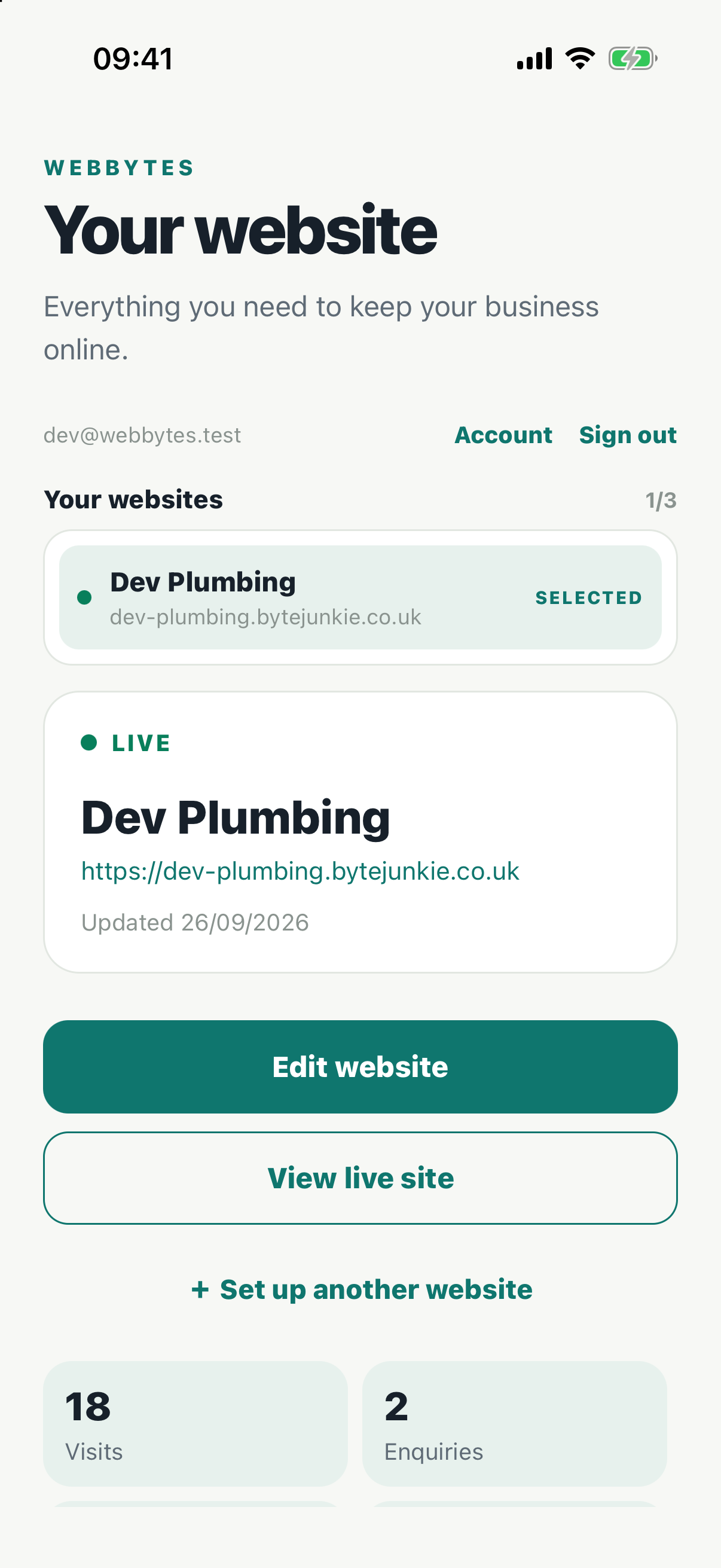 The Webbricks app dashboard showing a live website