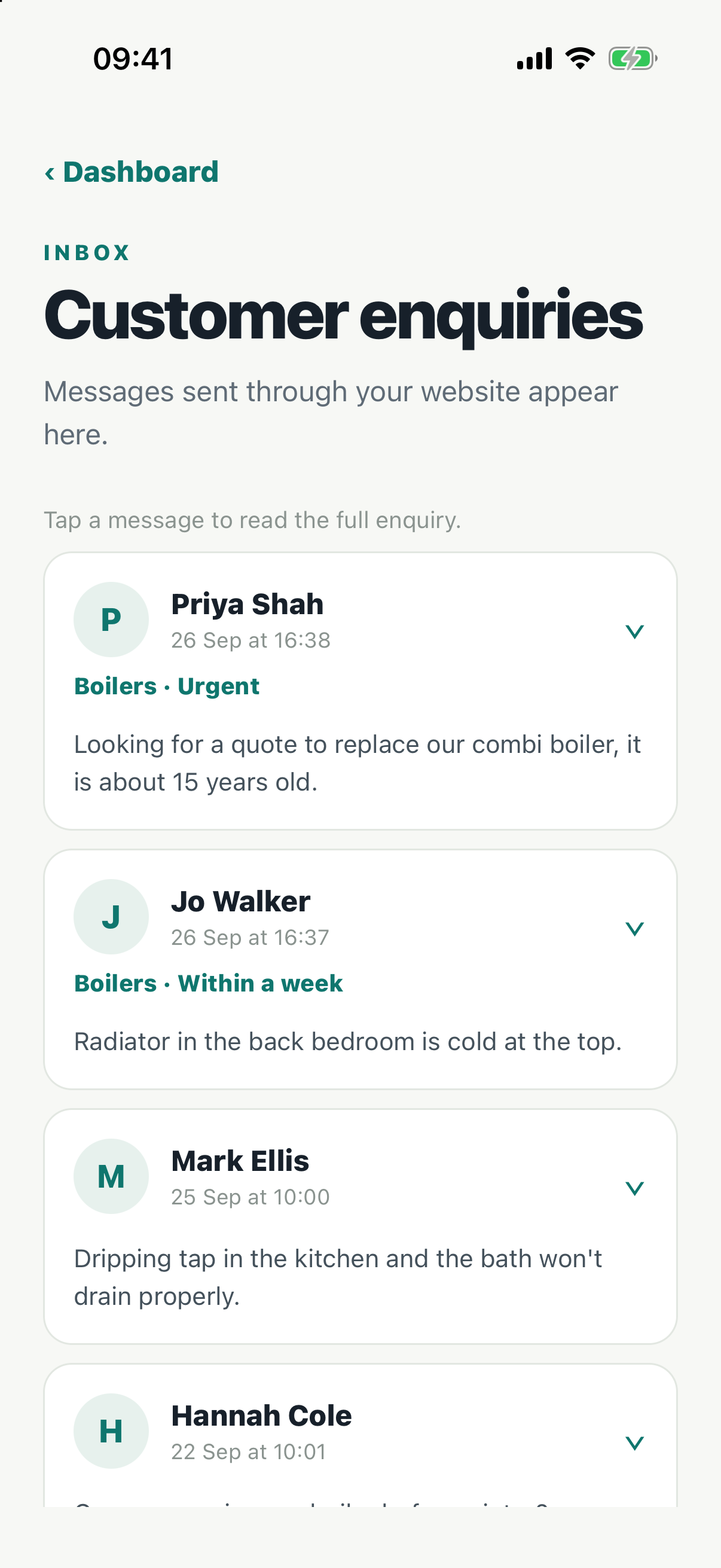 Customer enquiries in the Webbricks app