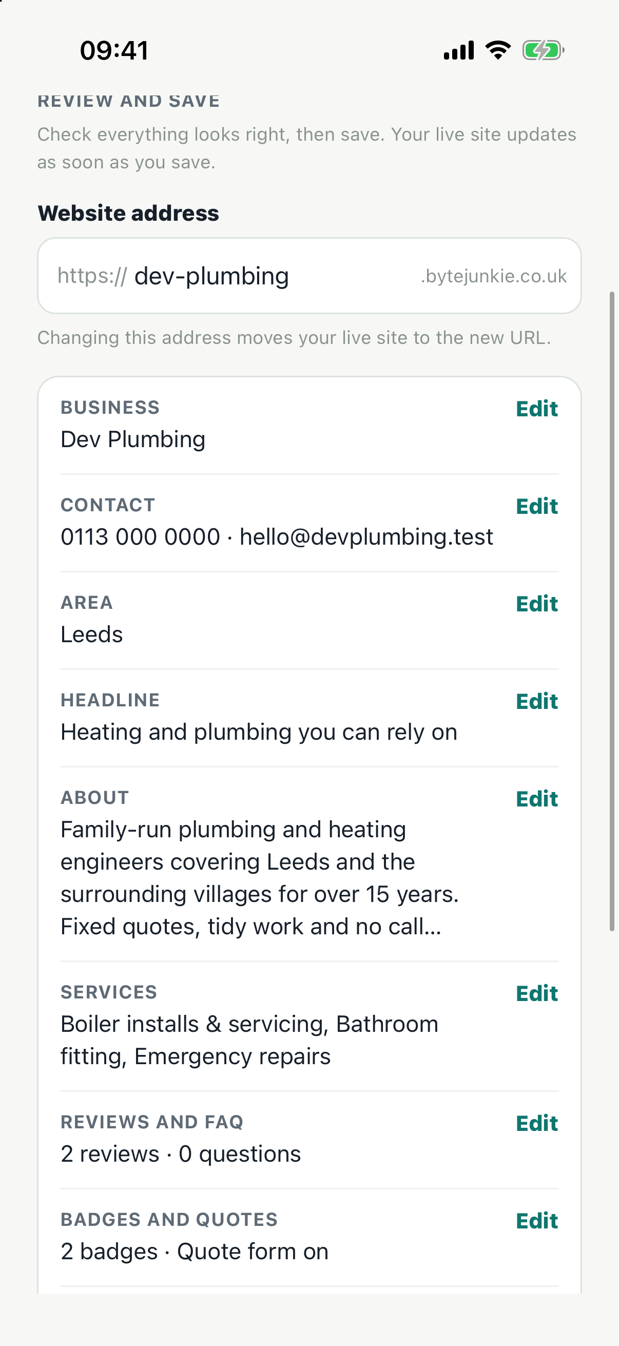 Reviewing a website before saving