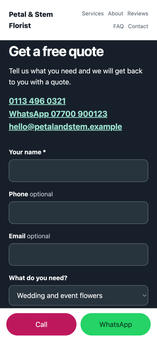 The quote request form on an example florist's website, with phone and WhatsApp details above it